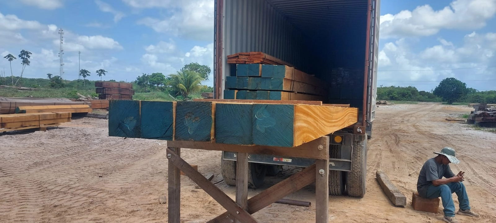 Hardwood squares being loaded from a ramp into a shipping container