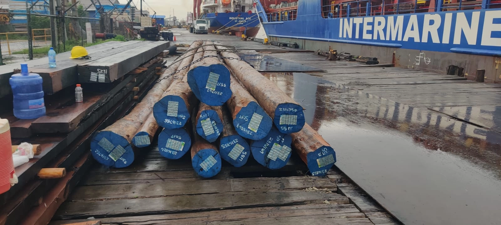 Round logs on a Georgetown wharf beside a cargo vessel